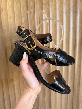 SALVATORE FERRAGAMO Black Croc Chunky Block Heel Leather Sandals